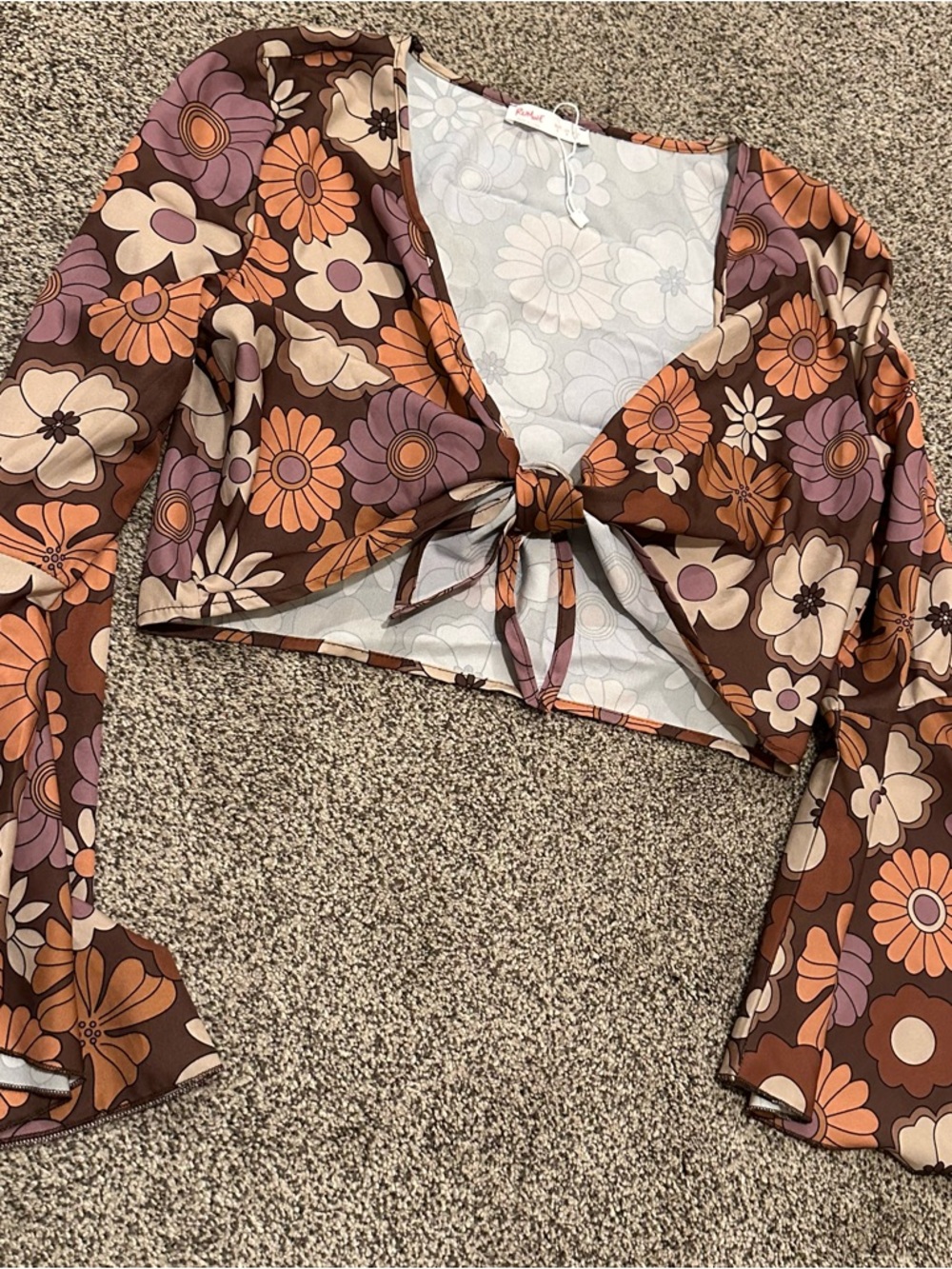 ROMWE Retro Floral Tie-Front Crop Top in Brown, Orange & Purple